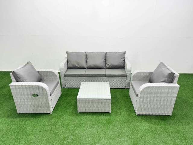Rackhams PE Rattan Garden Furniture Set Reclining Chair Sofa Lounge Sofa Set Square Coffee Table Light Grey - image 1