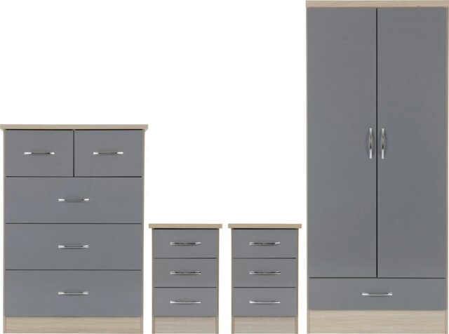 Rackhams Nevada Nevada 2 Door 1 Drawer Wardrobe Bedroom Set - Grey Gloss and Light Oak - image 1
