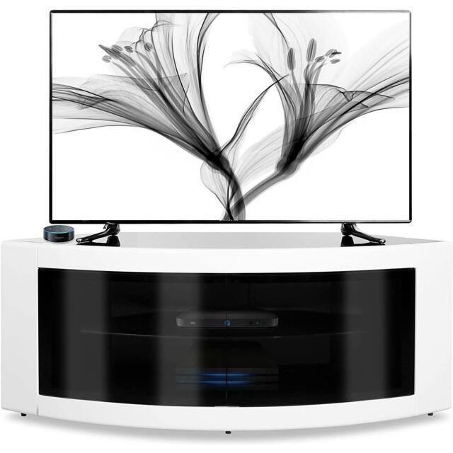 "Rackhams PANGEA Gloss Black and White Beam-Thru Glass Doors Curved Unit Tru-Corner 32""-50"" TV Cabinet - 1 - MDF - Black White" - image 1