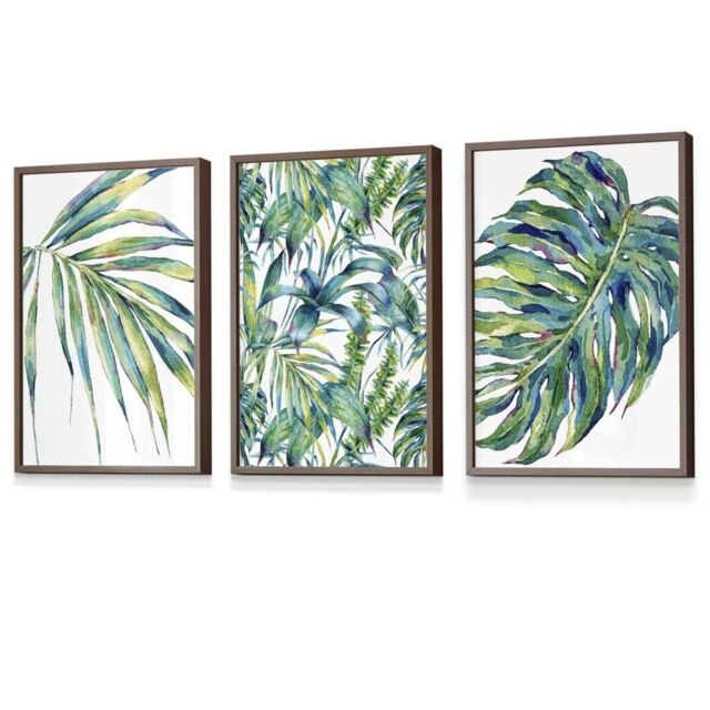 Rackhams Blue Green Botanical Set of 3 Framed Wall Art Prints - 42x59cm (A2) - Light Walnut - image 1