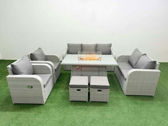 Rackhams PE Rattan Garden Furniture Set Reclining Chair Sofa Double Love Seat 2 Seater Sofa Lounge Set Fire Pit Dining Table 2 Stools Light Grey - image 1