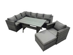 Rackhams Outdoor PE Rattan Sofa Set with Dining Table Patio Garden Furniture Sets with Chair Big Stool Dark Grey Mixed - thumbnail 1
