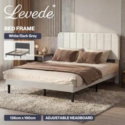 Rackhams Double Bed Frame Upholstered Platform Bedframe Adjustable Headboard - White - thumbnail 2