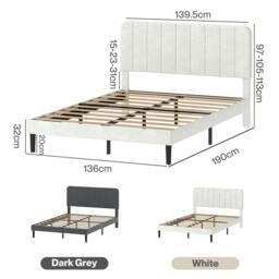 Rackhams Double Bed Frame Upholstered Platform Bedframe Adjustable Headboard - White - thumbnail 3