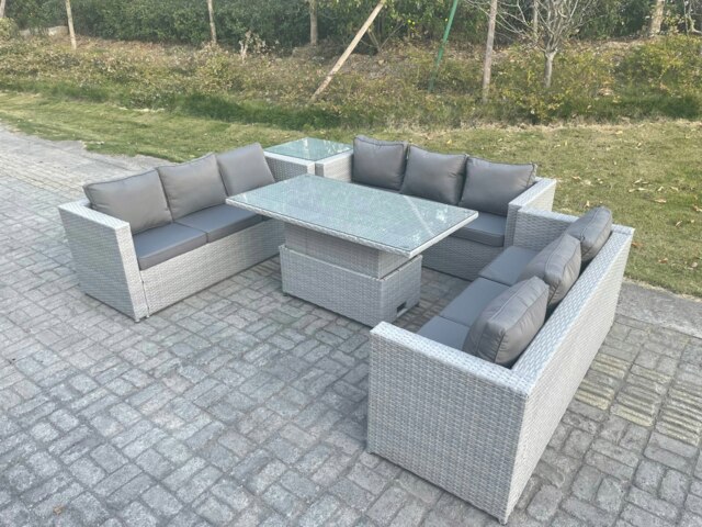 Rackhams Lounge Rattan Garden Furniture Set Adjustable Rising Lifting Table Dining Set With Side Coffee Tea Table - image 1