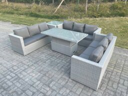 Rackhams Lounge Rattan Garden Furniture Set Adjustable Rising Lifting Table Dining Set With Side Coffee Tea Table - thumbnail 2