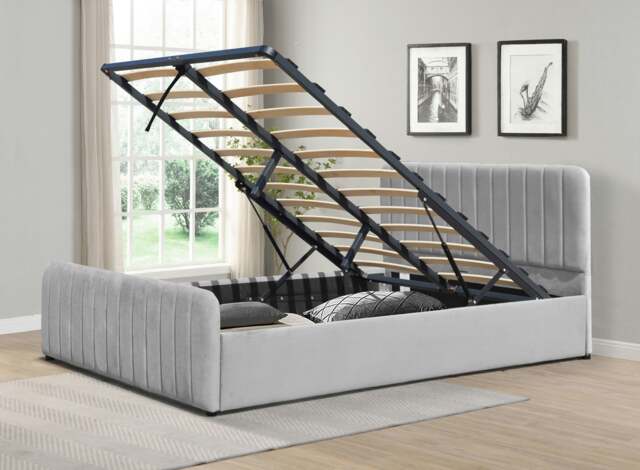 Rackhams Gas Lift Ottoman Bed in Brushed Velvet – Black, Light Grey, Dark Grey – Available in 3ft, 4ft6, and 5ft Sizes - Light Grey - Double - image 1