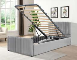 Rackhams Gas Lift Ottoman Bed in Brushed Velvet – Black, Light Grey, Dark Grey – Available in 3ft, 4ft6, and 5ft Sizes - Light Grey - Double - thumbnail 3