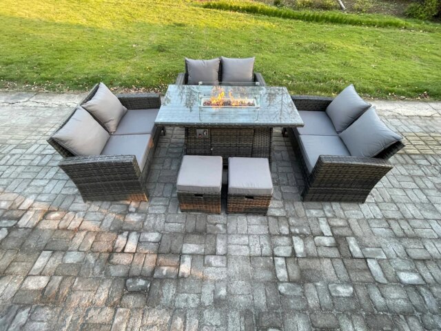 Rackhams High Back Rattan Garden Furniture Sofa Sets with Outdoor Furniture Gas Fire Pit Dining Table Set 2 Small Footstools Dark Grey Mixed - image 1
