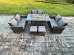 Rackhams High Back Rattan Garden Furniture Sofa Sets with Outdoor Furniture Gas Fire Pit Dining Table Set 2 Small Footstools Dark Grey Mixed - thumbnail 1