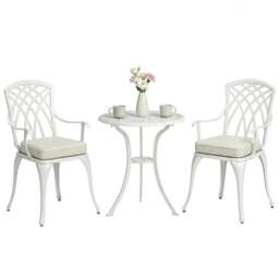 Rackhams 3 PCs Aluminium Garden Coffee Table Set w/ Parasol Hole & Cushions - White - 3 - Outdoor Bistro Set - thumbnail 2