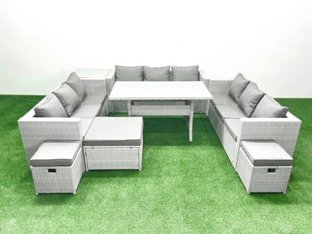Rackhams Rattan Garden Outdoor Furniture Set 12 Seater Garden Sofa Rectangulr Dining Table Set with 3 Footstools Side Table Light Grey Mixed - image 1