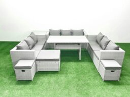 Rackhams Rattan Garden Outdoor Furniture Set 12 Seater Garden Sofa Rectangulr Dining Table Set with 3 Footstools Side Table Light Grey Mixed - thumbnail 2
