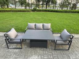Rackhams 4-Piece Aluminium Garden Furniture Sets 5 Seater Outdoor Sofa Set with Adjustable Rising Lifting Dining Table 2 Chairs - thumbnail 1