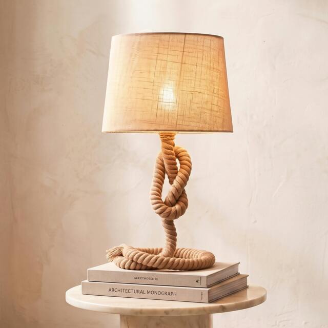 Rackhams Nautical Style Rope-Base Table Lamp with Fabric Lampshade Beige - image 1