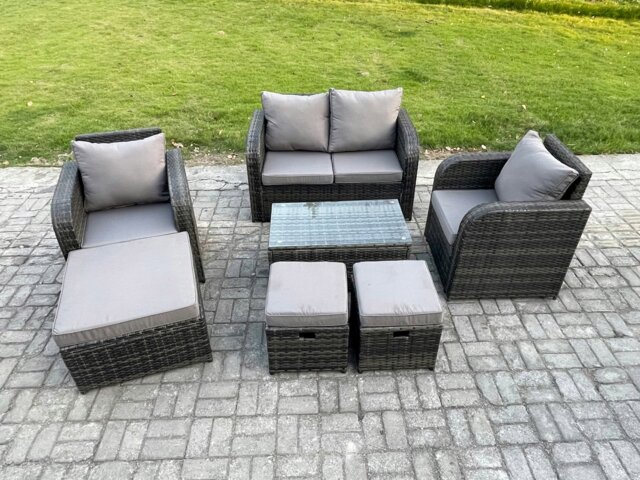 Rackhams Wicker PE Rattan Outdoor Furniture Set Garden Love Sofa Coffee Table 2 Armchair 3 Footstools Dark Grey Mixed - image 1