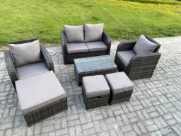 Rackhams Wicker PE Rattan Outdoor Furniture Set Garden Love Sofa Coffee Table 2 Armchair 3 Footstools Dark Grey Mixed - thumbnail 2