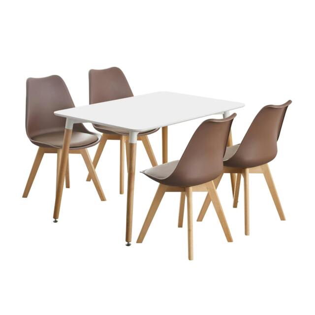 Rackhams 5PCs Dining Set - a White Halo Dining Table & Set of 4 Lorenzo Tulip Chairs with Padded Seat - Plastic - Brown - Dining Sets