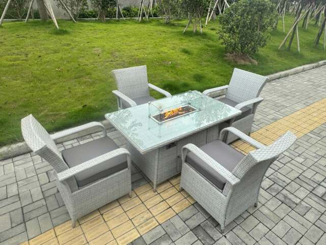 Rackhams Light Grey Rattan Outdoor Garden furniture Set Gas Fire Pit Table and 4 Chairs Set with Seat Cushion - image 1