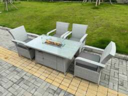Rackhams Light Grey Rattan Outdoor Garden furniture Set Gas Fire Pit Table and 4 Chairs Set with Seat Cushion - thumbnail 2