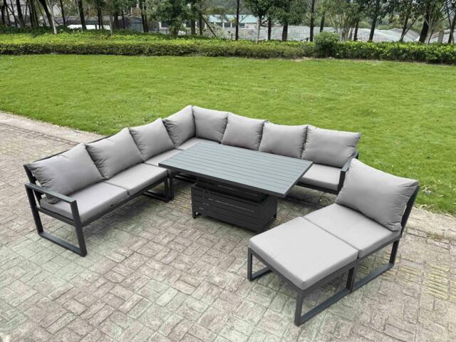 Rackhams 7 Seater Aluminium Garden Furniture Set with Adjustable Rising Dining Table, Footstool - Dark Grey