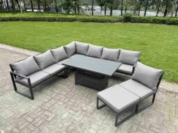 Rackhams 7 Seater Aluminium Garden Furniture Set with Adjustable Rising Dining Table, Footstool - Dark Grey - thumbnail 1