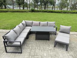 Rackhams 7 Seater Aluminium Garden Furniture Set with Adjustable Rising Dining Table, Footstool - Dark Grey - thumbnail 2