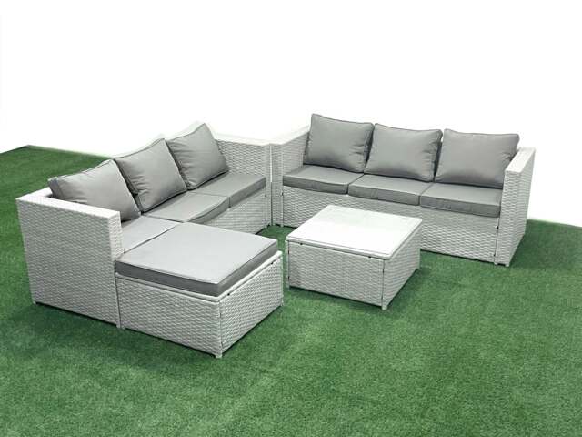 Rackhams Rattan Garden Outdoor Furniture Set 7 Seater Rattan Garden Sofa Set with Big Footstool Light Grey Mixed - image 1
