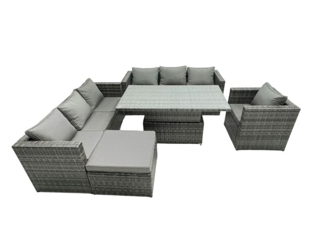 Rackhams 8 Seater?Outdoor Rattan Sofa Set Adjustable Rising Lifting Dining Table Side Coffee Table Chairs Footstool Dark Grey Mixed - image 1
