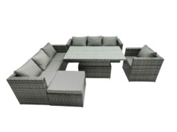 Rackhams 8 Seater?Outdoor Rattan Sofa Set Adjustable Rising Lifting Dining Table Side Coffee Table Chairs Footstool Dark Grey Mixed - thumbnail 1
