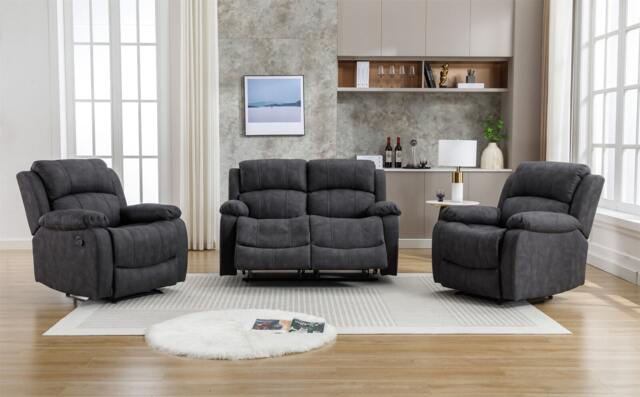 Rackhams Recliner Sofa, Leathaire Fabric Manual Recliner Armchair 105–135 Degrees Recliner Padded Sofa with Adjustable Backrest and Footrest - 2+1+1 Seater Set