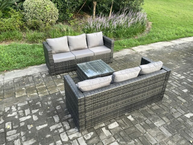 Rackhams Wicker Rattan Garden Furniture Sofa Set with Square Coffee Table 6 Seater Outdoor Rattan Set Dark Grey Mixed - image 1