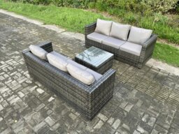 Rackhams Wicker Rattan Garden Furniture Sofa Set with Square Coffee Table 6 Seater Outdoor Rattan Set Dark Grey Mixed - thumbnail 2