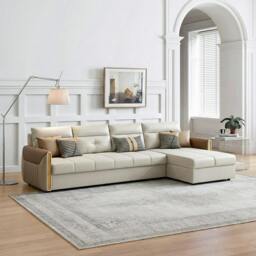 Rackhams Malhotra L Shape Sofa Bed, Small Corner Sofa Bed - Beige - Right Hand Facing - 220cm