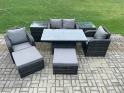 Rackhams Rattan Furniture Outdoor Garden Dining Sets Patio Height Adjustable Rising lifting Table Love Sofa Chair Set With 2 Side Tables Stools - thumbnail 2