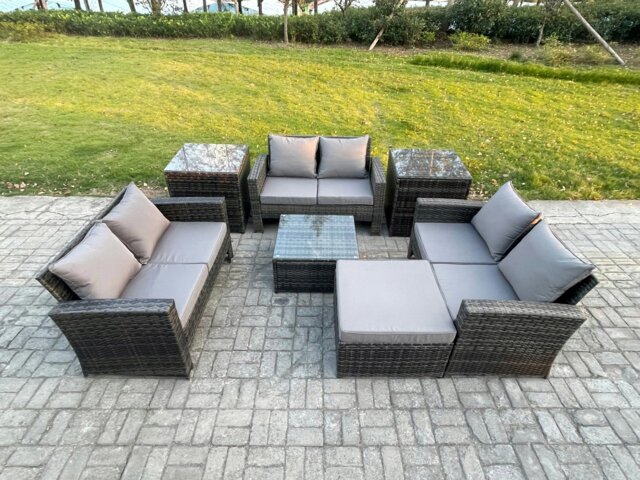 Rackhams 7-Piece Outdoor Lounge Sofa Set - Dark Grey Mixed PE Wicker Rattan Garden Furniture with Square Coffee Table & Big Footstool - image 1