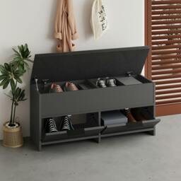 Rackhams Modern Cove Shoe Storage with Fabric Bench 2-Tier Cabinet Hallway Entryway Storage 106x34x50cm - Dark Oak - thumbnail 4