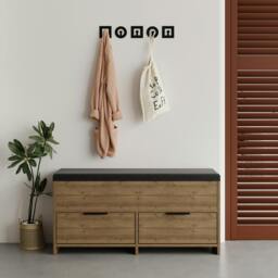Rackhams Modern Cove Shoe Storage with Fabric Bench 2-Tier Cabinet Hallway Entryway Storage 106x34x50cm - Dark Oak