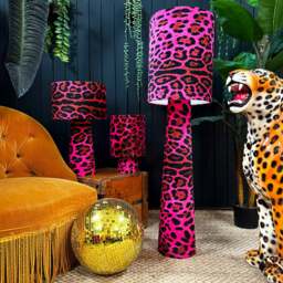 Rackhams Handmade Velvet Portable Lamps in Pink Neon Leopard - Midi - 52cm Height - Rechargeable LED Bulb - thumbnail 1