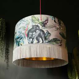 "Rackhams Handmade Fringed Velvet Lampshade with Gold Lining in Dust - Ceiling Pendant / Arc Lamp - 40cm diameter x 25cm Height (16"" x 10"")" - thumbnail 1