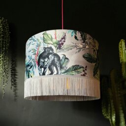 "Rackhams Handmade Fringed Velvet Lampshade with Gold Lining in Dust - Ceiling Pendant / Arc Lamp - 40cm diameter x 25cm Height (16"" x 10"")" - thumbnail 3