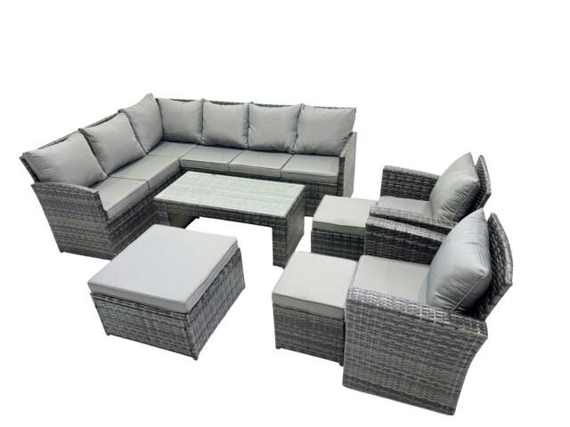 Rackhams 11 Seat Poly Rattan Outdoor Patio Oblong Coffee Table Corner Sofa Set with 3 Stools 2 Chairs for Garden Backyard Dark Grey Mixed - image 1