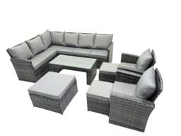 Rackhams 11 Seat Poly Rattan Outdoor Patio Oblong Coffee Table Corner Sofa Set with 3 Stools 2 Chairs for Garden Backyard Dark Grey Mixed - thumbnail 1