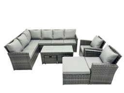 Rackhams 11 Seat Poly Rattan Outdoor Patio Oblong Coffee Table Corner Sofa Set with 3 Stools 2 Chairs for Garden Backyard Dark Grey Mixed - thumbnail 2