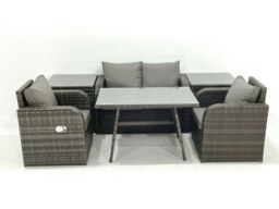 Rackhams Outdoor Garden Furniture Set Rattan Sofa Dining Table Set with Reclining Chair 2 Side Tables Dark Grey Mixed - thumbnail 2
