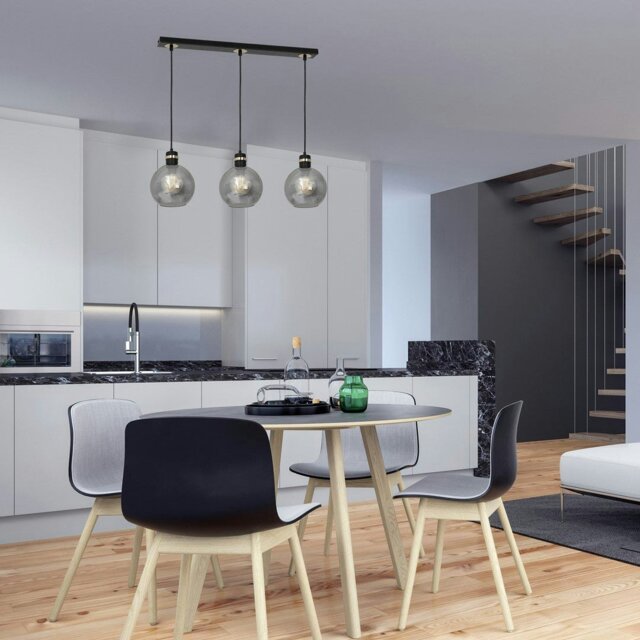 Rackhams Omega Hand Made Linear Pendant Lamp With Elegant Smoked Glass Spheres Quality Matt Black Fittings With Gold Detail - image 1