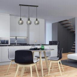 Rackhams Omega Hand Made Linear Pendant Lamp With Elegant Smoked Glass Spheres Quality Matt Black Fittings With Gold Detail