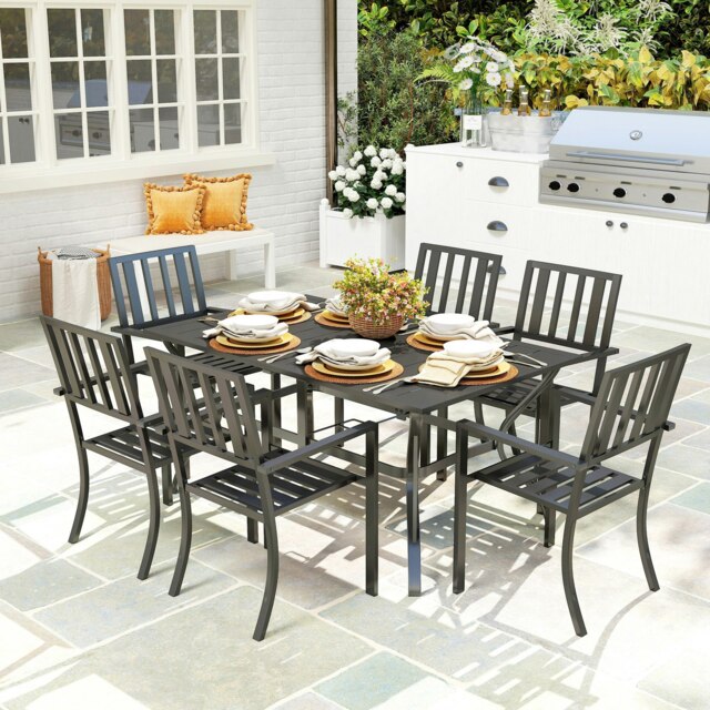 Rackhams 7 Pieces Patio Dining Set with Umbrella Hole, for Poolside, Garden - Black - Galvanised steel - 150 x 90 x 73cm - image 1