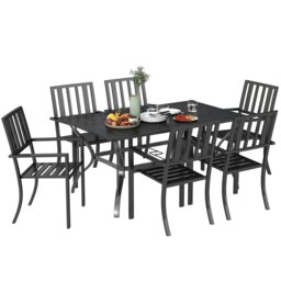 Rackhams 7 Pieces Patio Dining Set with Umbrella Hole, for Poolside, Garden - Black - Galvanised steel - 150 x 90 x 73cm - thumbnail 2