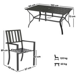 Rackhams 7 Pieces Patio Dining Set with Umbrella Hole, for Poolside, Garden - Black - Galvanised steel - 150 x 90 x 73cm - thumbnail 5